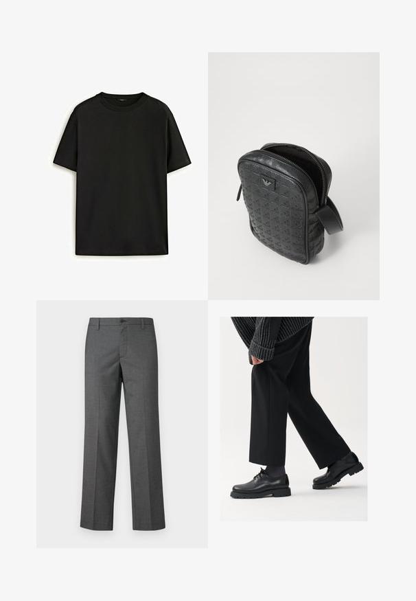 Černé bavlněné tričko s klasickým kulatým výstřihem, krátkými rukávy a volným střihem. Hladká textura, bez vzorů nebo ozdob.; Šedé kalhoty na míru vyrobené z texturované látky, s rovnými nohavicemi, zapínáním na knoflík a poutky na opasek. Bez viditelných vzorů nebo akcentů.; Černé kožené boty s kulatou špičkou, šněrovací design a silnou strukturovanou podrážkou. Noseny s dobře padnoucími černými kalhotami a žebrovaným svetr.; Černá, texturovaná kožená taška s geometrickým vzorem, obdélníkového tvaru, s horním zipem a krátkým uchem. Na přední straně se nachází logo.; Hodinky Timex s stříbrným ciferníkem, černými hodinovými značkami a ocelovým pouzdrem. Disponují strukturálním černým koženým náramkem. Jednoduchý, elegantní design.