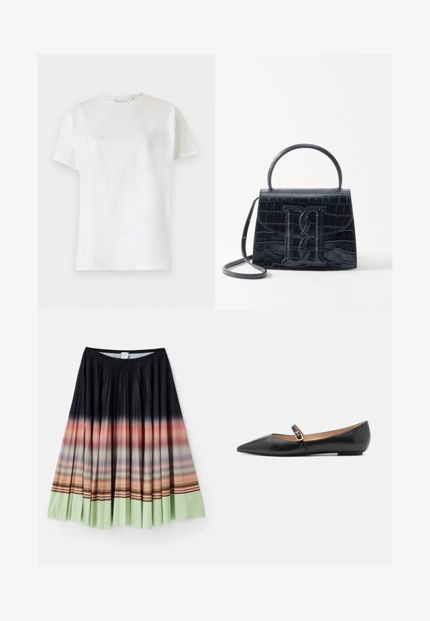 Balta medvilninė marškinėliai trumpomis rankovėmis ir apvalia iškirpte, su žodžiu "INTROSPEKCIJA" šviesiai mėlynu tekstu per krūtinę.; Juodas klostuotas sijonas, su ombre gradientu, pereinančiu nuo oranžinės iki mėtų žalios spalvos palei apatinę dalį, su spalvingais dryžuotais akcentais.; Juodos odinės baleto bateliai su smailiu pirštu ir šoniniu dirželiu, papuoštu apvaliu auksiniu akcentu. Lengvi su plokščiu padu.; Juodas krokodilo rašto odinis rankinės krepšys su struktūruotu dizainu, viršutine rankena, reguliuojamu dirželiu ir išsiskiriančiu priekinio logo detale.