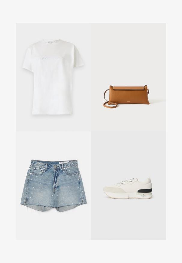 White cotton t-shirt with short sleeves and crew neckline, featuring the word "INTROSPECTION" in light blue text across the chest.; rag & bone VINTAGE CUT OFF SHORT - Denim shorts - solanajewe; White sneaker featuring a textured suede toe cap, smooth mesh upper, decorative laces, and a black rubber heel accent.; Brown leather clutch bag, rectangular shape, textured surface, detachable strap, zip closure, subtle logo embossed on front.