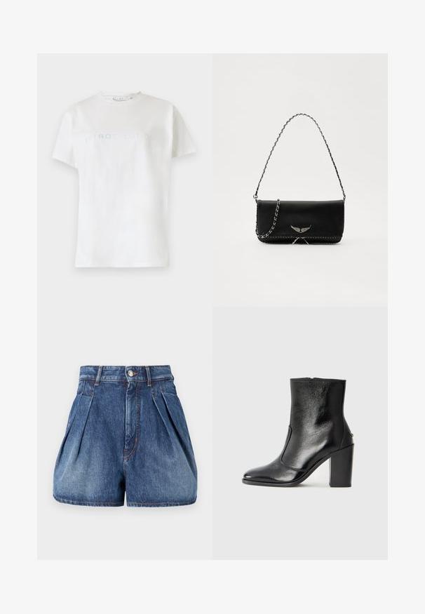 Bijela pamučna majica s kratkim rukavima i okruglim izrezom, s natpisom "INTROSPEKCIJA" u svijetloplavom tekstu preko prsnog dijela.; Za visoki struk traperice kratke hlače u srednje plavoj boji s detaljima naboranja, zatvaranjem na gumb i šavovima u kontrastnoj boji. Izrađene od mekog, izdržljivog materijala.; Crna kožna čizma do gležnjeva s glatkom teksturom, špicastim vrhom i debelim visokim potpeticama. Ima bočni otvor i minimalistički dizajn.; Crna kožna torba s srebrnim lanac strapom, s dekorativnim krilnim naglascima i bijelim šavovima duž donjeg šava.