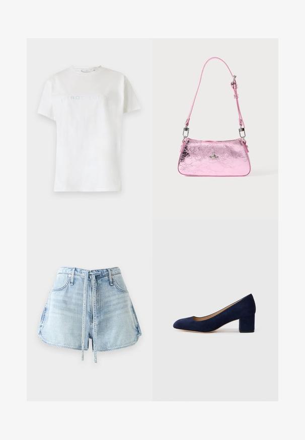 T-shirt en coton blanc à manches courtes et col rond, avec le mot "INTROSPECTION" écrit en texte bleu clair sur la poitrine.; Shorts en denim bleu clair avec une taille à cordon, cinq poches et des bords effilochés. Le tissu a une texture usée.; Escarpin en daim bleu marine avec un bout pointu et un talon bloc de hauteur intermédiaire. Texture lisse avec un subtil éclat et une petite découpe à l'avant.; Sac à main métallique rose avec une texture froissée, une bandoulière réglable et des accessoires en argent. Présente un petit emblème sur le devant.