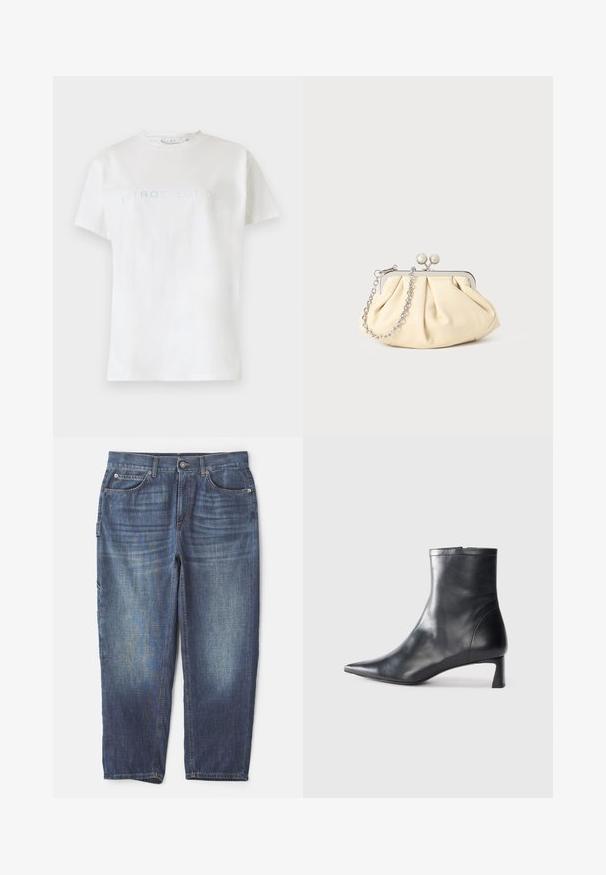 Balta medvilninė marškinėliai trumpomis rankovėmis ir apvalia iškirpte, su žodžiu "INTROSPEKCIJA" šviesiai mėlynu tekstu per krūtinę.; Tamsiai mėlynos džinsinės kelnės, turinčios penkias kišenes, užsegamas mygtuku ir užtrauktuku, tiesaus kirpimo dizainą ir kontrastingos siūlės detales.; Juodas odinis kulkšninis batas su smailiu pirštu ir elegantišku dizainu. Turi žemą kulną ir užtrauktuką gale. Lygi tekstūra.; Plyšiniai smėlio spalvos odiniai rankinukai su sidabriniu metaliniu rėmu, turintys du apvalius dekoratyvinius užtrauktukus ir sidabrinę grandinėlę.