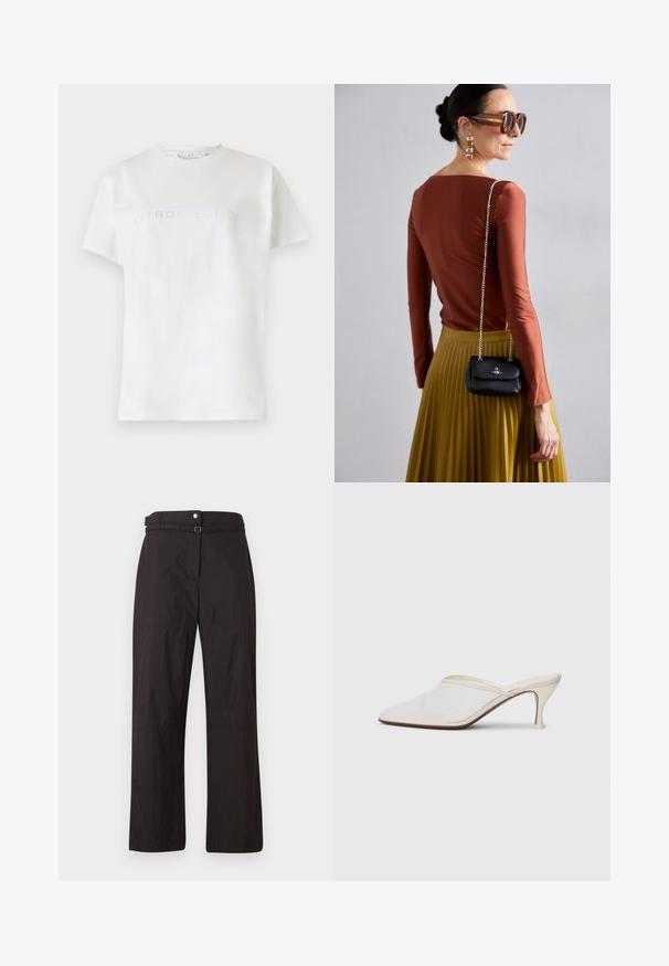 Balta medvilninė marškinėliai trumpomis rankovėmis ir apvalia iškirpte, su žodžiu "INTROSPEKCIJA" šviesiai mėlynu tekstu per krūtinę.; Juodos plačios kojų kelnės su lygiu paviršiumi, turinčios mygtuko užsegimą ir diržo kilpą liemenyje. Su subtiliu siūlių akcentu.; Baltos tinklelio smailiakojės mules su plonu vidutinio aukščio kulnu ir užkulnio dizainu ant vientiso fono.; Vivienne Westwood SMALL PURSE CHAIN - Rankinė per petį - black