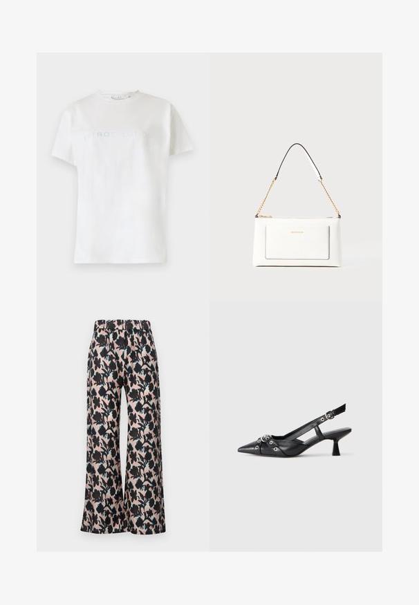 T-shirt en coton blanc à manches courtes et col rond, avec le mot "INTROSPECTION" écrit en texte bleu clair sur la poitrine.; MUNTHE ARUM - Pantalon classique - rose; Chaussure slingback en cuir noir avec un bout pointu, des sangles décoratives avec œillets en métal et un petit talon carré. Surface texturée.; Sac à main en cuir blanc avec un fini texturé, doté d'une bandoulière en chaîne dorée et d'accents noirs. Comprend une poche avant et une fermeture éclair.