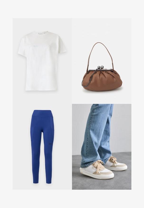 Balta medvilninė marškinėliai trumpomis rankovėmis ir apvalia iškirpte, su žodžiu "INTROSPEKCIJA" šviesiai mėlynu tekstu per krūtinę.; Tamsiai mėlynos aktyvios sportinės kelnės su aukštu liemeniu, šoninėmis kišenėmis ir subtiliu ženklinimu. Pagamintos iš tamprios, lygaus audinio, su prigludusia forma.; Baltos ir kreminės spalvos sportbačiai su tekstūruotais intarpais, su kreminėmis raišteliais ir guminėmis padais, derinami su šviesiai mėlynais džinsais.; Ruda odinė rankinė su surinkto dizaino, trumpa odinė rankena ir grandinėlės diržas. Yra sidabrinė metalinė sagtis su dviem apvaliais akcentais.