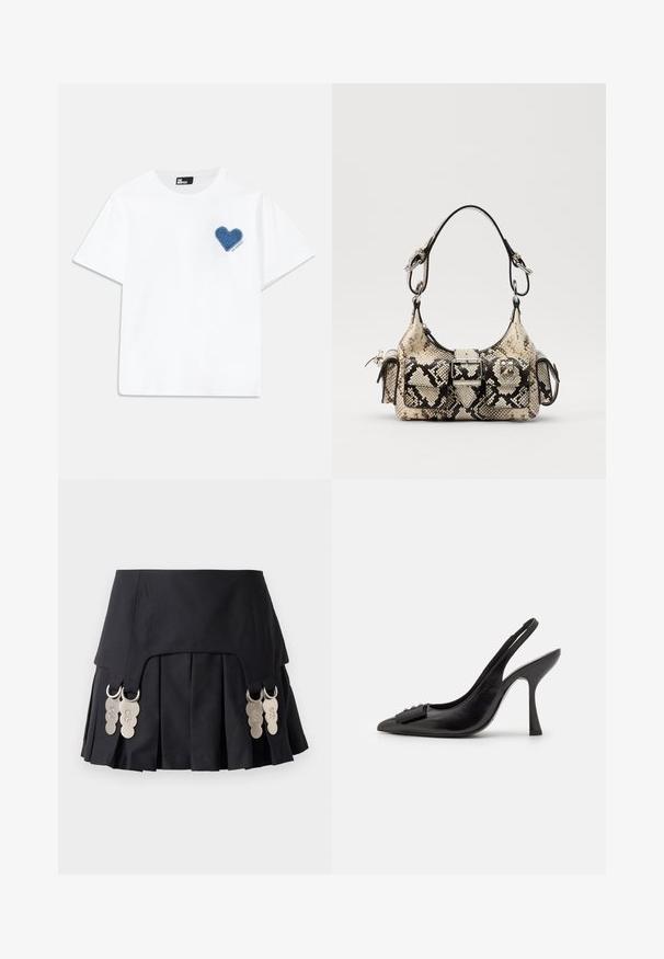 Biele bavlnené tričko s krátkymi rukávmi a okrúhlym výstrihom. Na ľavej strane hrude sa nachádza modrá džínsovina srdcová nášivka s textom pod ňou.; Čierna plisovaná sukňa s kovovými detailmi po stranách, vyrobená z pevného materiálu s hladkou textúrou a čistým dizajnom.; Čierne kožené šľapky so špicatou špičkou, úzkym vysokým opätkom a dekoratívnou mašľou. Hladká textura a elegantný dizajn.; Python-print kabelka v béžovej a čiernej farbe, so štruktúrovaným tvarom, detailom pracky a dvojitými ramennými popruhmi. Textúrovaný povrch.