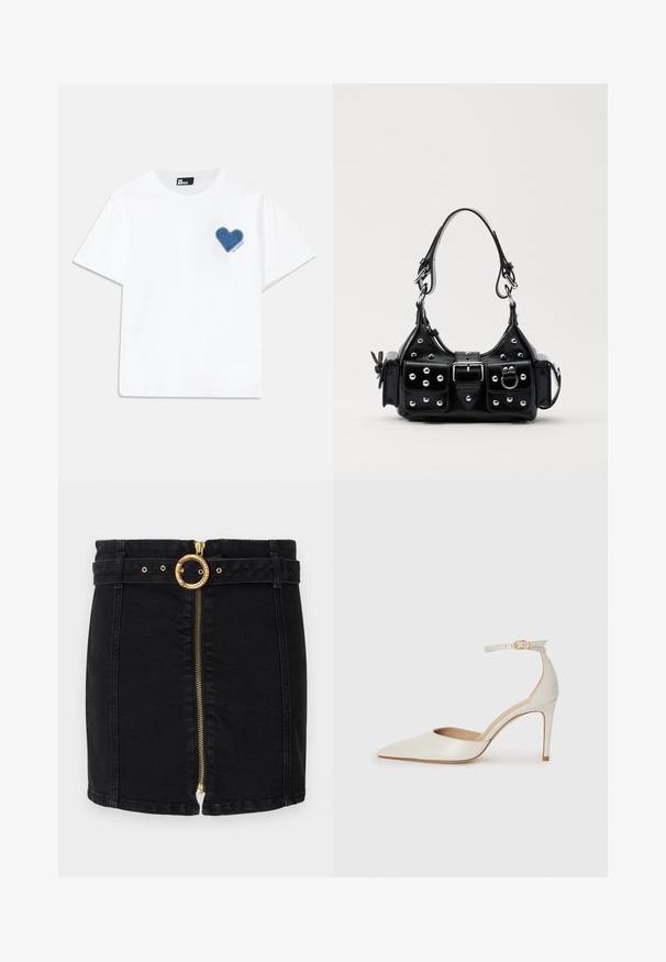 Valge puuvillane T-särk lühikeste varrukatega ja ümmarguse kaelusega. Vasakul rinnal on sinine denimist südametäht ja selle all tekst.; Mustmustäheline seelik, millel on kuldne ümmargune vööklamber, ees zipp ja vöökloopsud. Omab vormitud disaini ja sirget allääret.; Valgete nahast kõrge kontsaga kingad, terava varbaga, ankle strapiga ja kitsaste stiletto kontsadega. Sile tekstuur koos peene läikega.; Must värvi nahast käekott, millel on kaarjas disain, hõbedased nupukesed, kinnitusahe ja kaks külgtaskut. Reguleeritav rihm erinevate kandmisvõimaluste jaoks.