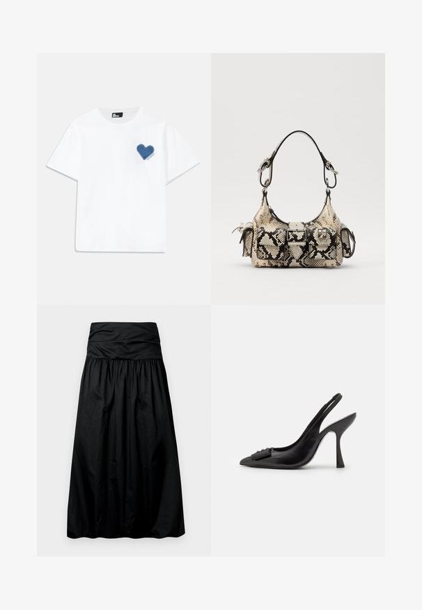 Balta kokvilnas T-kreklu ar īsām piedurknēm un apaļu kakla izgriezumu. Priekšpusē ir zila džinsu sirds aplikācija kreisajā krūtī ar tekstu zem tās.; Melna, vidēja garuma svārki ar savākta dizainu, izgatavoti no gludas materiāla. Augšpusē ir plata, savilkta jostasvieta.; Melnas ādas sārta kurpes ar smailu purngalu, šauru augstu papēdi un dekoratīvu loku akcentu. Gluda tekstūra un elegants dizains.; Python-print rokassoma bēšā un melnā krāsā ar strukturētu formu, sprādzi un divām plecu siksnām. Tekstūrēta virsma.