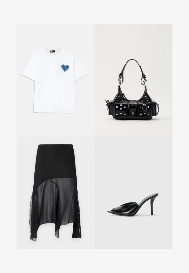 Tricou alb din bumbac cu mânecă scurtă și decolteu rotund. Are o aplicație în formă de inimă din denim albastru pe partea stângă a pieptului, cu text dedesubt.; AVAVAV DRAPED SKIRT - Fustă în formă de A - black; Mule-uri negre din piele cu toc înalt, cu vârf deschis, design ascuțit, textură fină și toc subțire stiletto.; Geantă de piele neagră cu un design curbat, dotată cu studuri argintii, o cataramă și două buzunare laterale. Curea ajustabilă pentru opțiuni de transport.