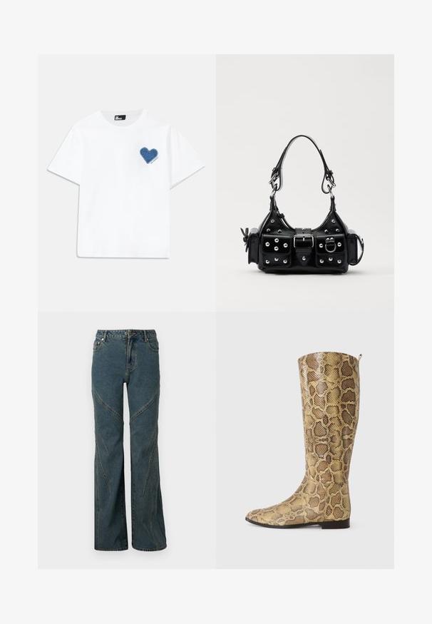 Witte katoenen t-shirt met korte mouwen en een ronde halslijn. Heeft een blauwe denim hartpatch op de linkerborst met tekst daaronder.; Blauwe denim jeans met een wijdlopende pasvorm, voorzien van gebogen naaddetails en standaard vijf-pocket styling. Ong afgebroken zoom aan de onderkant.; Knielange laarzen in een slangenskin print met een gestructureerd goudbruin patroon, voorzien van een platte zool en een subtiele trekband aan de bovenkant.; Zwarte lederen handtas met een gebogen ontwerp, voorzien van zilveren studs, een gesp en twee zijvakken. Verstelbare schouderband voor verschillende draagmogelijkheden.