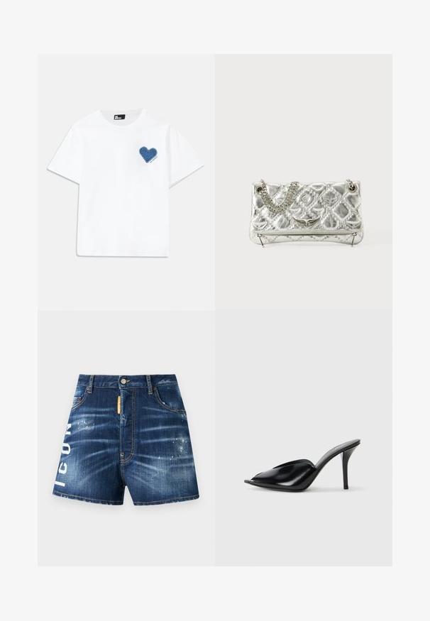 T-shirt de algodão branco com mangas curtas e decote redondo. Apresenta um patch em forma de coração de denim azul no lado esquerdo do peito com texto abaixo.; Calções de ganga em azul escuro com um acabamento desbotado, apresentando o texto branco "ICON" na perna esquerda e uma etiqueta de tecido laranja perto da cintura.; Mules de salto alto em couro preto, com ponta aberta, design pontudo, textura suave e um salto fino tipo stiletto.; Bolsa metálica prateada com pega de corrente, textura acolchoada, costura decorativa e fecho com ziper. Apresenta detalhes em relevo na parte frontal.