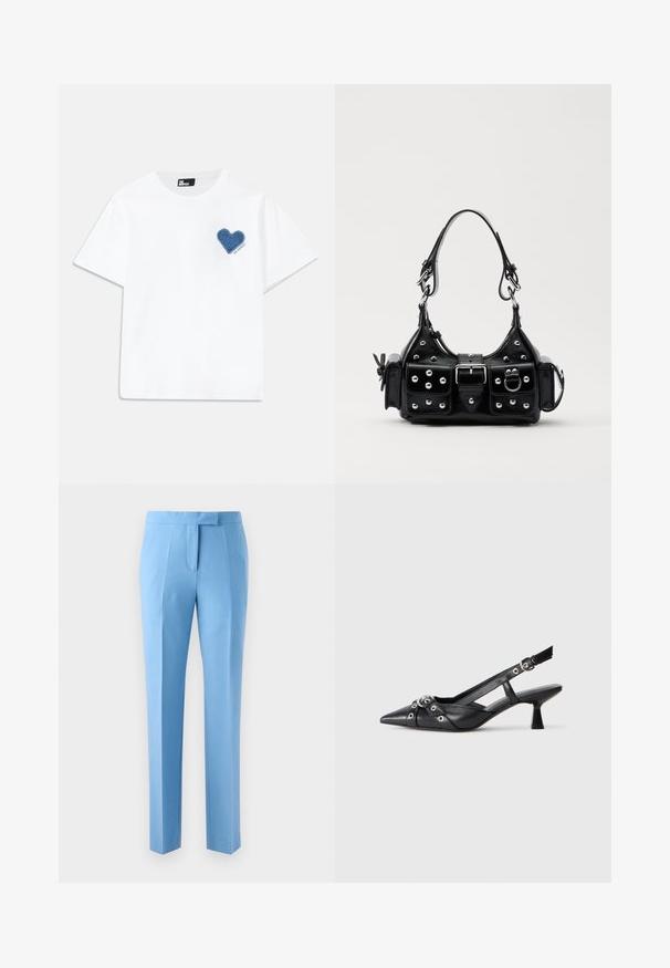 Balta kokvilnas T-kreklu ar īsām piedurknēm un apaļu kakla izgriezumu. Priekšpusē ir zila džinsu sirds aplikācija kreisajā krūtī ar tekstu zem tās.; Gai zili bikses ar pielāgotu piegriezumu, kas ietver taisnu priekšpusi, sānu kabatas un gludu faktūru. Izstrādātas ar tīru, modernu siluetu.; Melnas ādas šlipsveida kurpes ar norādītu purngalu, dekoratīvām joslām ar metāla acīm un zemu bloku papēdi. Teksturēta virsma.; Melnas ādas rokturmais ar izliekumu, ar sudraba iedurtiem, sprādzi un divām sānu kabatām. Regulējams siksniņas garums dažādām nēsāšanas iespējām.