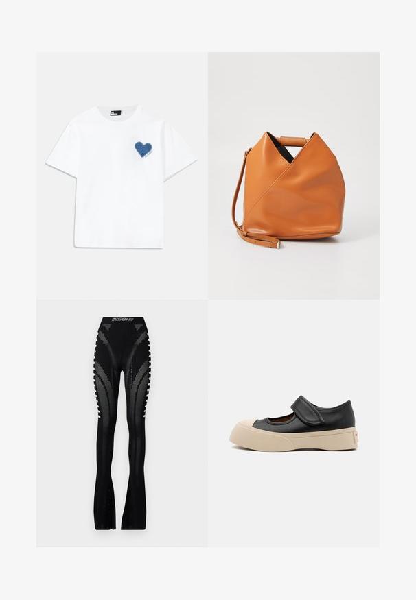 White cotton t-shirt with short sleeves and a round neckline. Features a blue denim heart patch on the left chest with text below.; MISBHV BIANCA SEAMLESS TROUSERS - Trousers - black; Black leather shoe with a rounded toe, adjustable strap, and a chunky beige platform sole. Smooth texture with minimal design details.; Tan leather handbag with unique triangular fold design, top handle, and detachable shoulder strap on white background.