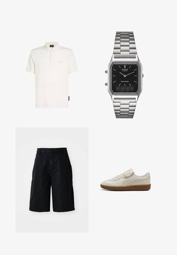 Bela polo majica iz bombaža, z ovratnikom, tri gumbi na zapenjanju in diskretnim logotipom na prsih. Kratki rokavi, mehak občutek.; BDG Urban Outfitters STRIPED WORKER - Kratke hlače iz džinsa - black; Beli usnjeni copat z teksturiranimi poudarki, gumijastim podplatom in zlatim logotipom. Ima vezalke in velcro trak za zapiranje.; Srebrna quartz ura iz nerjavečega jekla z črnim pravokotnim številcem, ki ima analogne kazalce, digitalni prikaz in oznako za vodoodpornost.