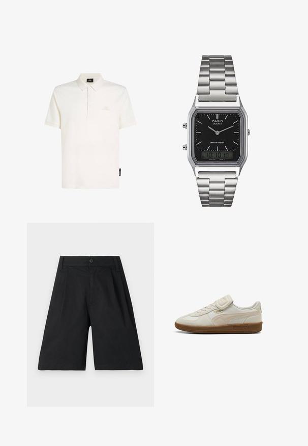 Bílá polo košile z bavlny s límečkem, tříknoflíkovou légou a decentním logem na hrudi. Krátké rukávy, měkká struktura.; Černé šortky z bavlny, ve střihu s rovným střihem, s záhyby, zapínáním na knoflík a hladkou texturou. Žádné viditelné vzory ani akcenty.; Bílé kožené tenisky s texturovanými akcenty, gumovou podrážkou a zlatým logem. Obsahují tkaničky a suchý zip pro zapínání.; Stříbrné nerezové ocelové hodinky s quartzovým strojem a černým obdélníkovým ciferníkem, které mají analogové ručičky, digitální displej a označení voděodolnosti.