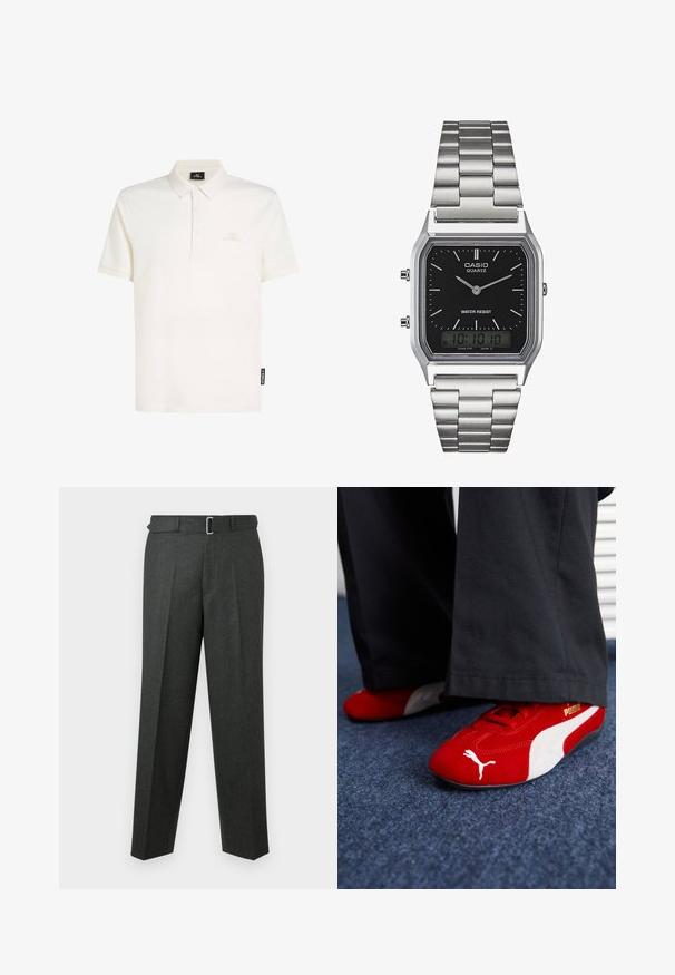 Balta polo krekls, izgatavots no kokvilnas, ar apkakli, trīs pogu atloku un smalku logotipu uz krūtīm. Īsas piedurknes, mīksta tekstūra.; Tumši pelēki pielāgoti bikses ar plakanu priekšpusi, krokām un pieguļošu jostu ar sudraba sprādzi. Gluda tekstūra un taisnas kājas.; Sarkani zīda sneakers ar baltām akcentiem, ar teksturētu materiālu, apaļu purngalu un zeltītu logotipu sānos, valkāti ar melniem biksēm.; Sudraba nerūsējošā tērauda kvarca pulkstenis ar melnu taisnstūra seju, kas aprīkota ar analogajām rādītājiem, digitālo displeju un ūdensizturības norādi.