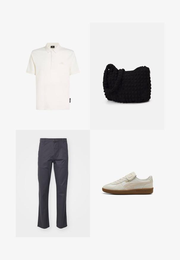 Valge puuvillane polosärk, millel on krae, kolme nupuga kaelus ja õrn logo rinnal. Lühikesed varrukad, pehme tekstuur.; DOCKERS ORIGINAL SLIM - Chino-püksid - asphalt; Valge nahast tennisekets tekstuuriga detailidega, kummist tald ja kuldne logo. Omab nööpe ja takjakinnitust kinnitamiseks.; Must mustkott, millel on tekstuuriga tikitud muster. Ümar kuju, lühikesed ja jämedad sangad ning pehme, paindlik struktuur.; Hõbedane roostevabast terasest kvarts kell musta ristküliku kujulise näoga, millel on analoognõjad, digitaalelektrooniline kuva ja vee vastupanu silt.