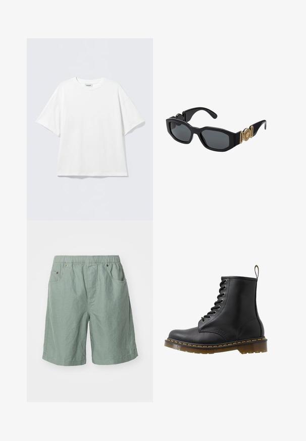 Wit T-shirt met korte mouwen van katoen, met een ronde hals en een losse pasvorm. Geen zichtbare patronen of accenten. Simpel ontwerp.; Lichte groene shorts van gestructureerde stof met een elastische tailleband, voorzien van twee zijzakken en minimale stikdetails.; Zwarte leren enkellaars met ronde neus, vetersluiting met oogjes, oranje stiksels en een chunky doorzichtige zool. Aan de achterkant bevindt zich een trekband.; Zwarte zonnebril met een stevige geometrische rand, donkere lenzen en gouden metalen accenten op de pootjes, voorzien van een rond embleemdetail.