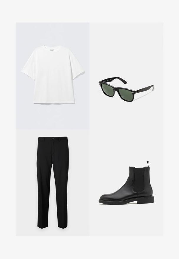 Wit T-shirt met korte mouwen van katoen, met een ronde hals en een losse pasvorm. Geen zichtbare patronen of accenten. Simpel ontwerp.; Zwarte op maat gemaakte broek met een platte voorkant, standaard taille en rechte pijpen. Gemaakt van een gladde stof, met een enkele knoopsluiting.; Zwarte leren enkelboot met een gladde textuur, elastische zijpanelen en een trekhaak. Ronde neus en platte rubberen zool met minimale profiel.; Zwarte plastic zonnebril met groene lenzen, vierkante montuur, zilveren accent op de wenkbrauw en een gestructureerde tempel. Merken vermeld op de binnenkant van de arm.