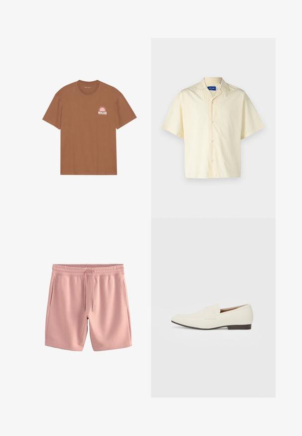 Braunes Kurzarm-T-Shirt aus Baumwolle mit einem rosa Sonnenmotiv und dem Text "SOLAR" auf der linken Brust. Mit Rundhalsausschnitt.; Jack & Jones JORBOXY SHIRT - Hemd - antique white; Helle rosa Shorts aus weichem Stoff, mit einem elastischen Taillenbund und verstellbarem Kordelzug. Sie verfügen über zwei seitliche Taschen und eine lockere Passform.; Hellbeige Slipper mit spitzem Zehenbereich, glattem Material, einem Riemen über dem Vorderfuß und einer niedrigen braunen Sohle. Einfaches Design mit minimalen Akzenten.