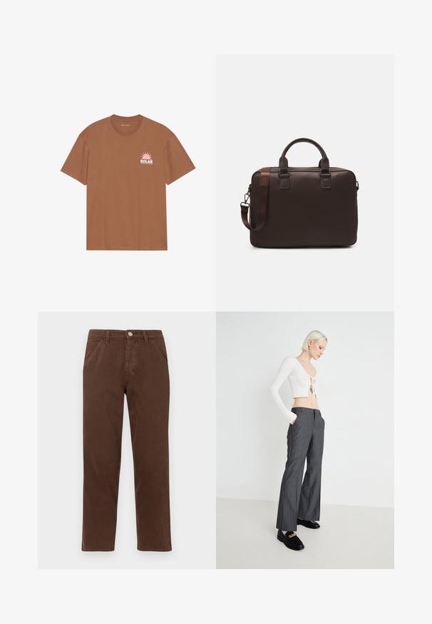 T-shirt castanho de manga curta em algodão, com um gráfico de sol rosa e o texto "SOLAR" no lado esquerdo do peito. Design de gola redonda.; Calças de algodão castanhas com perna reta, bolsos frontais e fecho de botão metálico. Apresentam uma textura suave e um design minimalista.; Top cropped branco com detalhe de laço, combinado com calças largas listradas em cinza. Modelo usa sapatos loafers pretos com detalhes em dourado, posando em fundo simples.; Mala de laptop em pele castanha com uma superfície texturizada, duas alças superiores, alça ajustável e duas fivelas frontais para um detalhe adicional.; Colar de pérolas brancas com forma redonda uniforme, superfície lisa e fecho metálico com corrente de extensão para ajuste de comprimento.