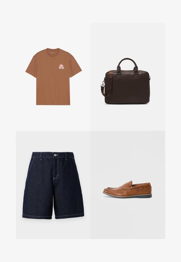 Brown short-sleeve t-shirt made of cotton, featuring a pink sun graphic and "SOLAR" text on the left chest. Crew neck design.; Dark denim shorts with a straight cut. Features a button closure, front pockets, and contrasting white stitching along the edges.; Brown leather loafers with a round toe, stitched accents, and a low rubber sole. The design features a band across the upper.; Brown leather laptop bag with a textured surface, dual top handles, adjustable strap, and two front buckles for added detail.