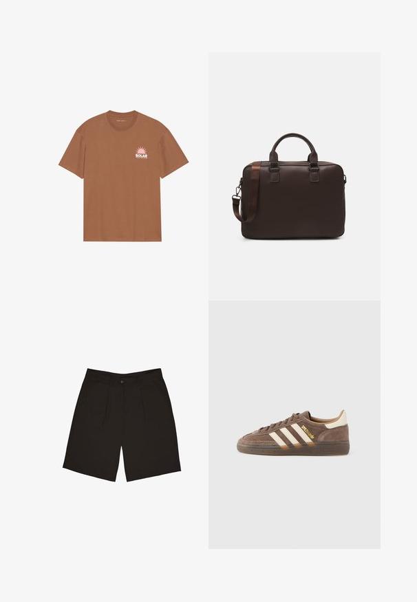 Brun kortærmet t-shirt lavet af bomuld, med et pink solgrafik og teksten "SOLAR" på venstre bryst. Crew neck design.; Sorte shorts lavet af et glat stof, med en enkelt frontknap, plisseringer og sidelommer, designet til en afslappet pasform.; Brun ruskindsneaker med beige detaljer, tre hvide striber, guldmærkning og en tekstureret gummisål. Klassisk lavtopdesign.; Brun læder laptop taske med en tekstureret overflade, dobbelte top hanke, justerbar rem og to front spænder for ekstra detaljer.