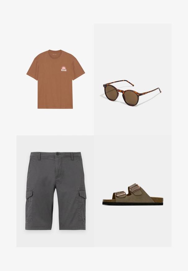 Brązowa koszulka z krótkim rękawem wykonana z bawełny, z różową grafiką słońca i napisem "SOLAR" na lewej piersi. Design z okrągłym dekoltem.; Szare szorty cargo z bocznymi kieszeniami, wykonane z trwałego materiału, z zapięciem na guzik i szlufkami na pasek. Gładka tekstura, projekt do kolan.; Brązowe zamszowe sandały z dwoma regulowanymi paskami i metalowymi klamrami. Korkowa wkładka i czarna teksturowana podeszwa. Projekt z odkrytymi palcami.; Okrągłe okulary przeciwsłoneczne z oprawką w kolorze żółwia i brązowymi soczewkami. Posiadają cienkie zauszniki z delikatną fakturą oraz metalowe akcenty w pobliżu soczewek.