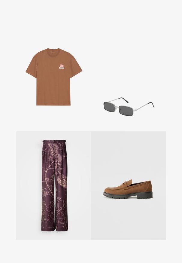 Brown short-sleeve t-shirt made of cotton, featuring a pink sun graphic and "SOLAR" text on the left chest. Crew neck design.; Purple wide-leg pants with a map print in a lighter hue. Made from smooth fabric, featuring pleats and an elastic waistband.; Brown suede loafers with a rounded toe and a low black rubber sole, featuring a decorative strap and stitching details on the upper.; Rectangle-shaped sunglasses with dark gray lenses, thin silver metal frame, and black rubber-coated temple tips. Minimalist design.