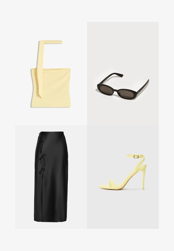 Sárga ujjatlan felső vékony pánttal. Simább, könnyű anyag, egyszerű négyzetes dizájn, és nincs látható minta vagy szerelvény.; Anna Field MIDI SKIRT - Ceruzaszoknya - black; Sárga lakkbőrből készült, magas sarkú szandál két elülső pánttal és csattal ellátott bokapánttal. Karcsú, hegyes sarokformájú.; Fekete napszemüveg ovális, félkeretes lencsékkel. Fényes keretek és karcsú szárak. Sötét árnyalatú lencsék minimális hardver részletekkel.; Fekete textúrájú nagy táska rövid fülekkel, arany kapoccsal és kiegészítőkkel. A design szerkezeti, geometrikus sziluettel rendelkezik.