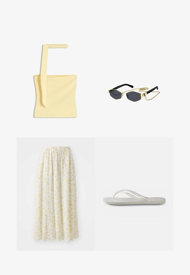 Keltainen hihaton toppi, jossa on ohut naruolkaimen. Sileä, kevyt kangas, yksinkertainen neliömainen muotoilu ilman näkyviä kuvioita tai varusteita.; Valkoinen kukkakuosis midi-hame, jossa keltaisia kukkia, joustava vyötärö ja pleatti rakenne, valmistettu kevyestä, valuvaa kangasta.; Valkoinen flip-flop, jossa on kuvioitu pohja, ohut hihnasto ja tasainen muotoilu. Valmistettu kumista ja siinä on hillitty logo jalkapohjassa.; Oktaaliset aurinkolasit tummilla linsseillä, kultaisilla metallikoristeilla ja mustilla muovivarsilla; mukana irrotettava kultaketju.; Valkoinen käsilaukku, jossa on teksturoitu, lainehtiva kuorimainen koriste. Varustettu punottu kahva ja hopea ketjun olkahihna monikäyttöisyyttä varten.