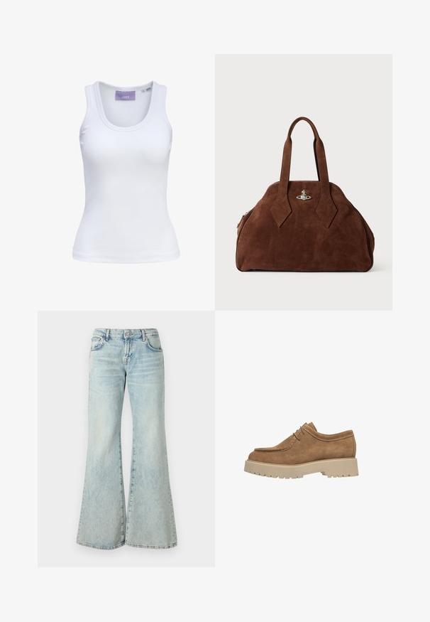 Top aderente bianco con coste, caratterizzato da un collo rotondo e spalline sottili. Etichetta sul collo di colore viola chiaro. Etichetta della taglia visibile.; Jeans a palazzo di colore blu chiaro realizzati in denim, con vita alta, tasche e orli sfilacciati. Il tessuto presenta un lavaggio sbiadito e una texture sottile.; Scarpa in suede marrone con punta tondeggiante, design con lacci e una robusta suola in gomma beige spessa, caratterizzata da scanalature profonde per garantire grip.; Borsa in suede marrone con una forma strutturata, corpo arrotondato e manici a forma di diamante allungati. Presenta una chiusura in metallo argentato.