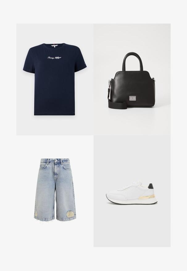 T-shirt en coton bleu marine à manches courtes et col rond. Présente le logo "Tommy Hilfiger" brodé en blanc sur la poitrine. Design uni, coupe décontractée.; Shorts en denim bleu clair avec une coupe large, un ourlet effiloché et des zones abrasées avec des coutures visibles. Design classique à cinq poches.; Baskets blanches au fini lisse, avec un accent noir au niveau du talon et un détail métallique doré sur la semelle intermédiaire. Design à lacets, semelle en caoutchouc.; Sac à main en synthétique noir avec anses supérieures, bandoulière amovible, forme arrondie, texture lisse et accent logo argenté à l'avant.