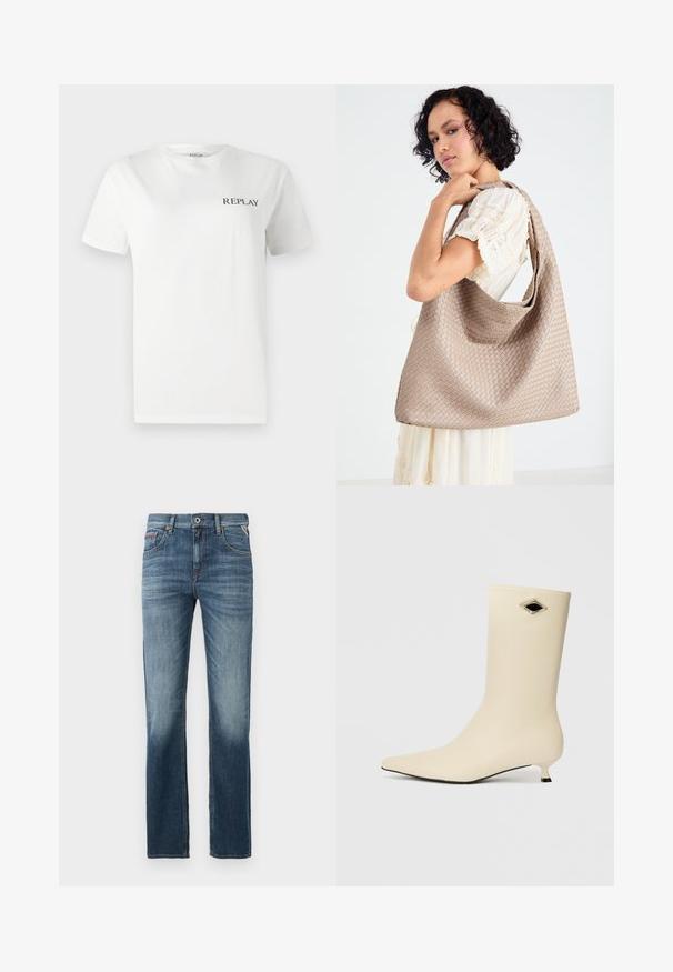 Balta medvilninė marškinėliai su trumpomis rankovėmis, apvaliu iškirpimu, su mažu juodu "REPLAY" logotipu kairėje krūtinės pusėje. Lygus paviršius.; Tamsiai mėlyni džinsai su tiesiu siluetu, švelniu blukimu ant šlaunų ir kontrastingais siūlais. Klasikinis penkių kišenių dizainas su užtrauktuku.; Grietos spalvos kulkšninių botų, pagamintų iš lygaus materiаlo, savybė – smailus pirštas, mažas kulnas ir juodas deimanto formos akcentas.; Austintas šviesiai rudas pirkinių krepšys su prislėgtu dizainu ir vienu peties diržu. Paviršiuje matomas tekstūrinis raštas.