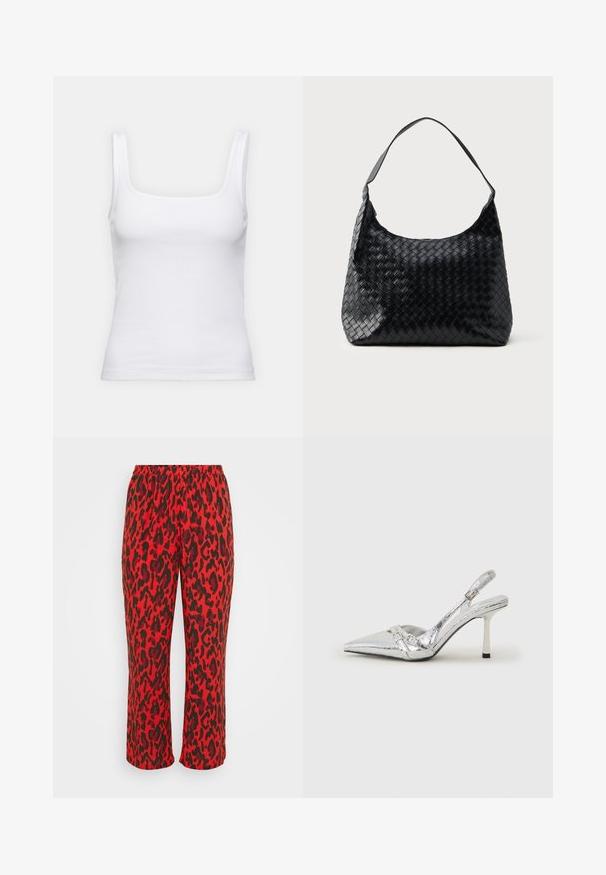 Biela rebrovaná tielko so štvorcovým výstrihom a úzkymi ramienkami, vyrobené z elastickej zmesi bavlny.; Červené nohavice s leopardím vzorom a čiernymi akcentmi, s elastickým pásom a rovnými nohavicami. Vyrobené z mäkkej, ľahkej látky.; Strieborné slingback lodičky na vysokom opätku s špicatou špičkou, metalickým povrchom, dvoma dekoratívnymi pruhmi a štíhlym opätkom s čiernym hrotom.; Čierna tkaná kožená taška s jedným ramenným popruhom, s jemným, zakriveným tvarom a lesklým povrchom. Nie sú viditeľné žiadne vonkajšie vrecká.