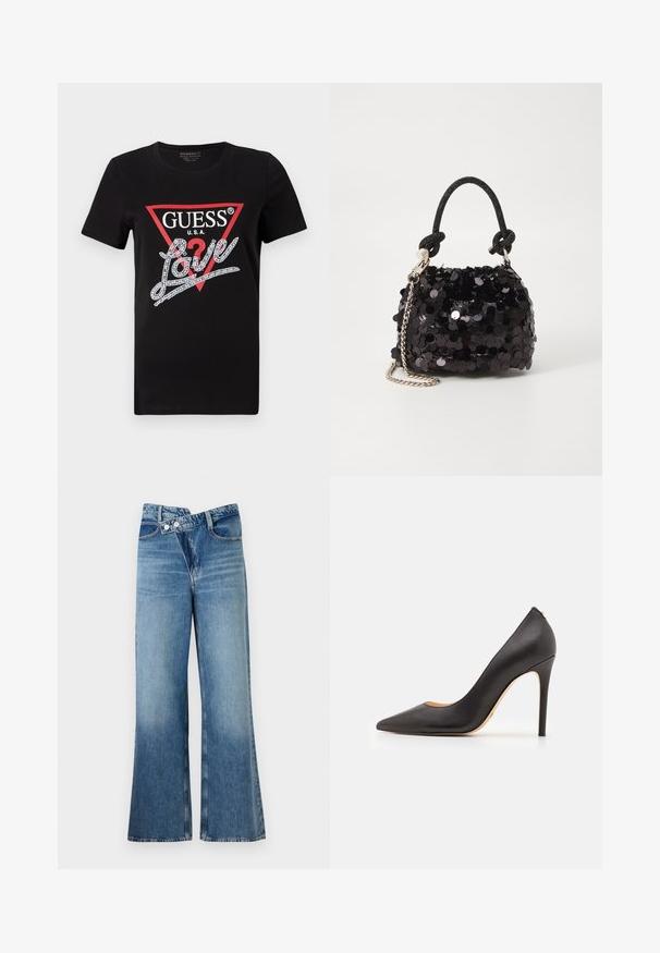 Čierne bavlnené tričko s krátkymi rukávmi s červeným trojuholníkovým logom "GUESS U.S.A." a textovým dizajnom "Love" so kryštálmi v bielej farbe.; Svetlomodré denimové nohavice s rozšírenými nohavicami a vysokým pásom, so dvoma gombíkmi a prednými vreckami. Materiál má vyblednutú textúru s jemnými variáciami.; Čierne kožené lodičky na vysokom opätku s špicatou špičkou a hladkou textúrou, s štíhlym opätkom a minimalistickým dizajnom.; Čierna mini kabelka so štrasom, s uzlovým textúrovaným popruhom a strieborným reťazom. Guľatý tvar s riaseným vrchom a reflexnými detailmi.