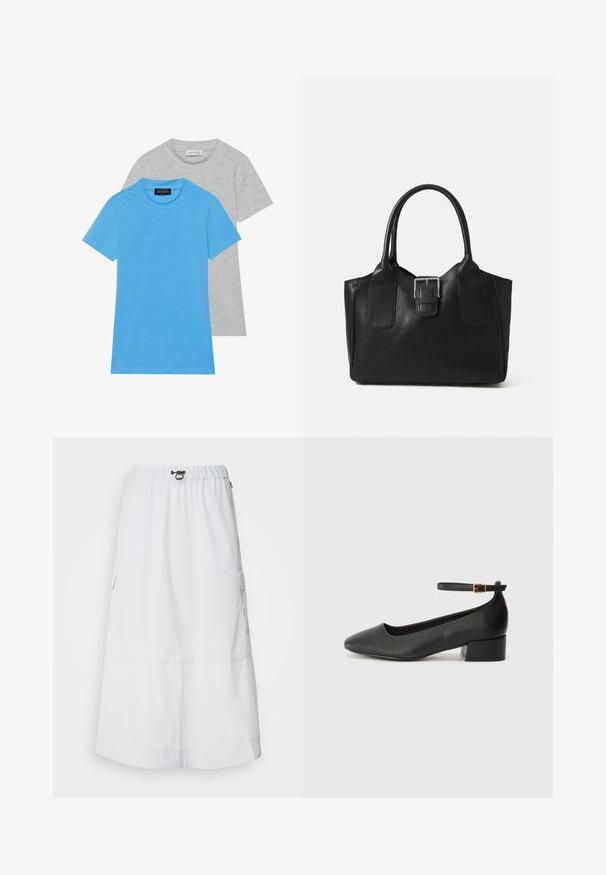 Komplet dveh majic: ena svetlo modra in ena svetlo siva. Obe imata kratke rokave, okrogla izreza in gladko teksturo. ; Ecoalf SKIRT WOMAN - Krilo A-kroja - light grey; Črne usnjene pumpice z nazobčanimi prsti in nizko blokasto peto. Imajo trak okoli gležnja z zaponko v zlatem tonu. Gladka tekstura.; Črna usnjena torba s gladko teksturo, strukturirano obliko, dvema ročkama in izrazitim srebrnim sponko na sprednji strani.