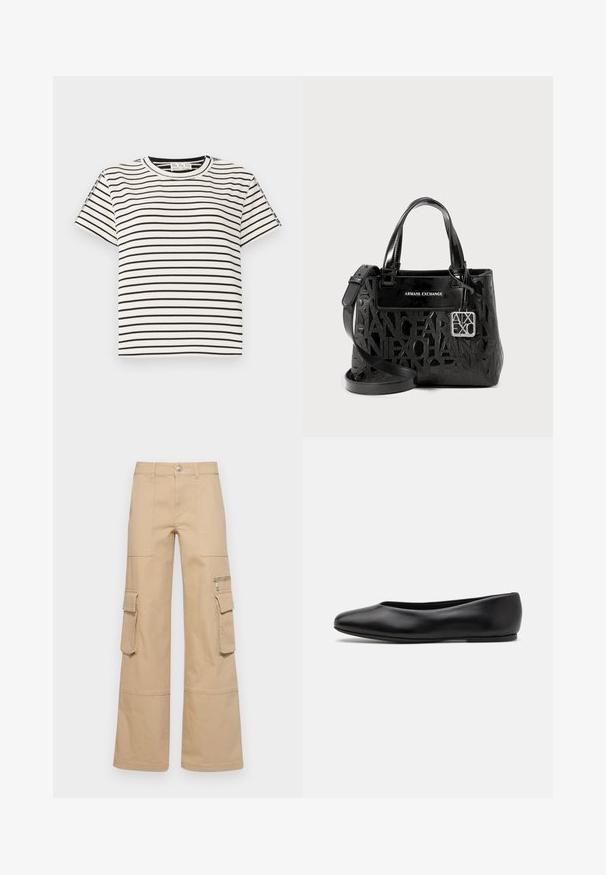 Katoenen T-shirt met korte mouwen en een ronde hals, met zwarte verticale strepen op een witte achtergrond en een rechte snit.; MAX&Co. REGIO - Cargobroek - beige; Paul Smith TOPANGA - Ballerina's - black; Zwarte handtas van glanzend materiaal met een reliëf logo ontwerp, dubbele handgrepen, een afneembare schouderriem en zilveren hardware.