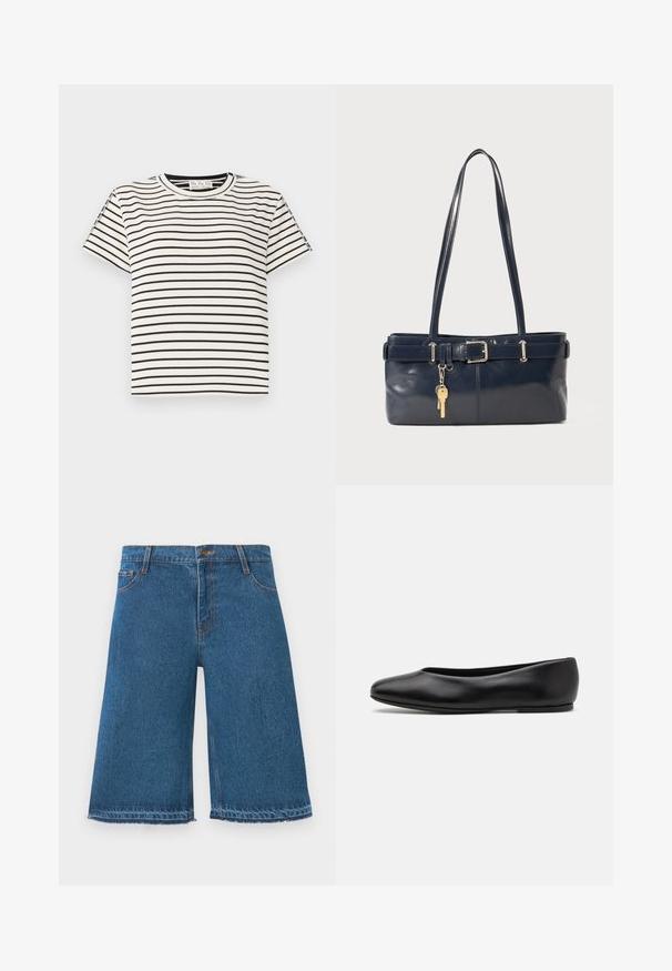 Cotton short-sleeve T-shirt with a crew neckline, featuring black vertical stripes on a white background and a straight cut design.; Blue denim knee-length shorts with frayed hems, front button, and pockets on a plain white background.; Paul Smith TOPANGA - Ballet pumps - black; Navy leather handbag with two long handles, a buckle detail, and a keychain attached. Features a smooth texture and a rectangular shape.