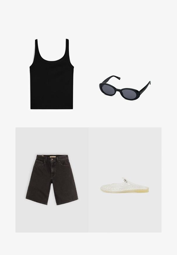 Zwarte tanktop met een ronde hals en smalle schouderbandjes. Gemaakt van gladde, stretchy stof met een getailleerde pasvorm en zonder extra patronen of versieringen.; Zwarte denim shorts met een rechte snit, vijf zakken en metalen hardware, van een gestructureerde stof met een standaard tailleband.; Duidelijke kunststof instapschoen met een rasterpatroon, ronde neus en een kleine zilveren accent op de band. Flexibele zool in een doorzichtige kleur.; Zwarte ovale zonnebril met donkere lenzen, dikke kunststof montuur, licht gebogen ontwerp en gouden logo-detail op de poot.; Zwarte leren schoudertas in de vorm van een halve maan met zilveren ritsen aan beide kanten en een enkele strap.