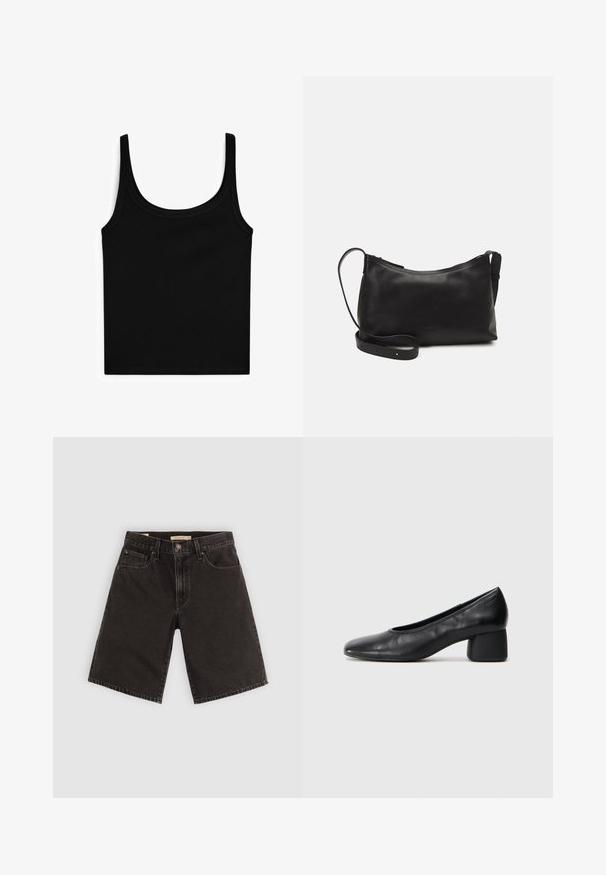 Canotta nera con scollatura a barca e spalline sottili. Realizzata in tessuto liscio e elasticizzato, con una forma aderente e senza ulteriori motivi o decorazioni.; Shorts in denim nero con taglio dritto, cinque tasche e accessori metallici, realizzati in un tessuto testurizzato e dotati di una vita standard.; Pantofole nere in pelle con punta arrotondata e tacco medio a blocco. Texture liscia con dettagli minimi, caratterizzata da un'apertura elastica sottile.; Borsa a spalla in pelle nera con una texture liscia, forma curva, tracolla regolabile e chiusura con zip. Design minimalista senza ornamenti.