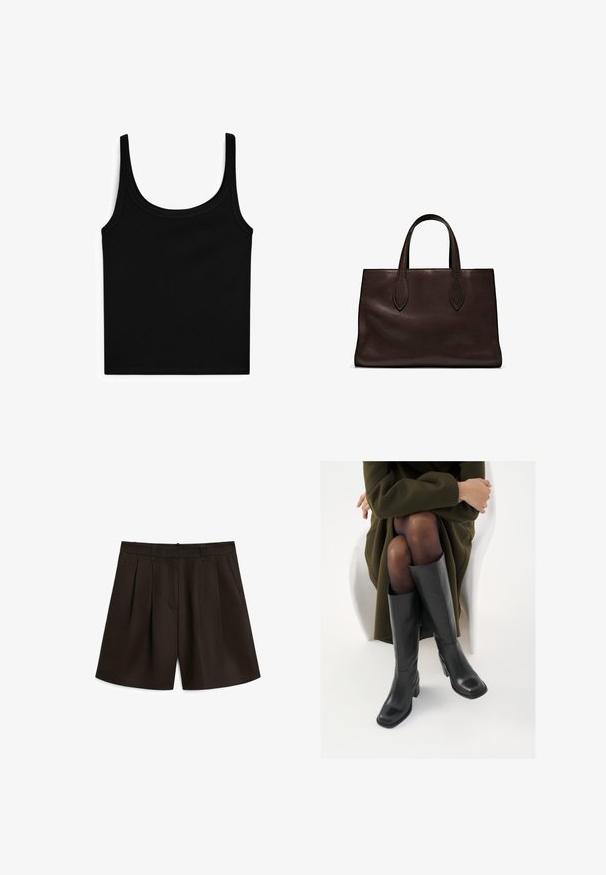 Canotta nera con scollatura a barca e spalline sottili. Realizzata in tessuto liscio e elasticizzato, con una forma aderente e senza ulteriori motivi o decorazioni.; Massimo Dutti PLEATED BERMUDA - Shorts - dark brown; Stivali neri in pelle alti fino al ginocchio con punta squadrata e tacco a blocco, mostrati con un modello seduto in un cappotto verde oliva. Texture liscia, dettagli minimi.; Borsa a spalla in pelle marrone con due manici lunghi, forma rettangolare strutturata, texture liscia e dettagli di cucitura sottili.