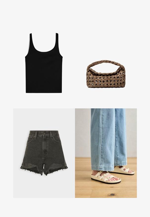 Svart linne med rundad halsringning och smala axelband. Tillverkat av ett mjukt, elastiskt material med en figurnära passform och utan ytterligare mönster eller dekorationer.; Svarta denimshorts med fransiga fållar, hög midja, fem fickor och knappstängning. Sliten struktur ger visuell intresse.; Ljust krämfärgade sandaler med tre justerbara remmar, gyllene spännen och en strukturerad svart sula, i kombination med ljusblå denimbyxor med vid ben.; Vävd brun handväska med rektangulär form, strukturerat handtag och texturerad yta. Har en stängd topp och ett intrikat vävningmönster.