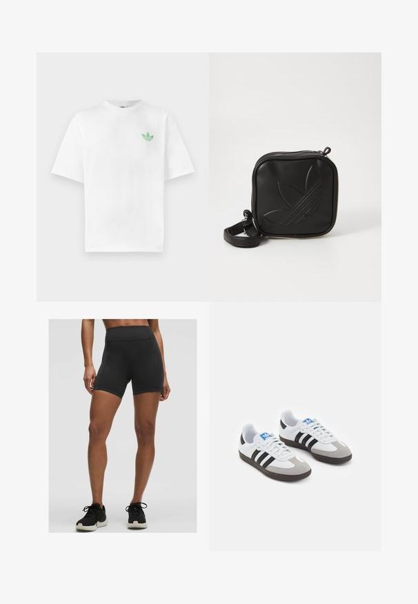 Camiseta blanca de algodón con mangas cortas y cuello redondo. Pequeño logo verde en el lado izquierdo del pecho. Textura suave.; Pantalones cortos deportivos negros de cintura alta, confeccionados en una tela elástica, con una textura suave y costuras limpias, ideales para hacer ejercicio.; Zapatillas deportivas con parte superior de piel blanca, puntera de ante gris y tres rayas negras. Presentan un logo azul en la lengüeta y una suela de goma texturizada.; Bolso cruzado negro hecho de material sintético texturizado. Presenta un diseño de logo en relieve y correa ajustable. Cierre con cremallera.