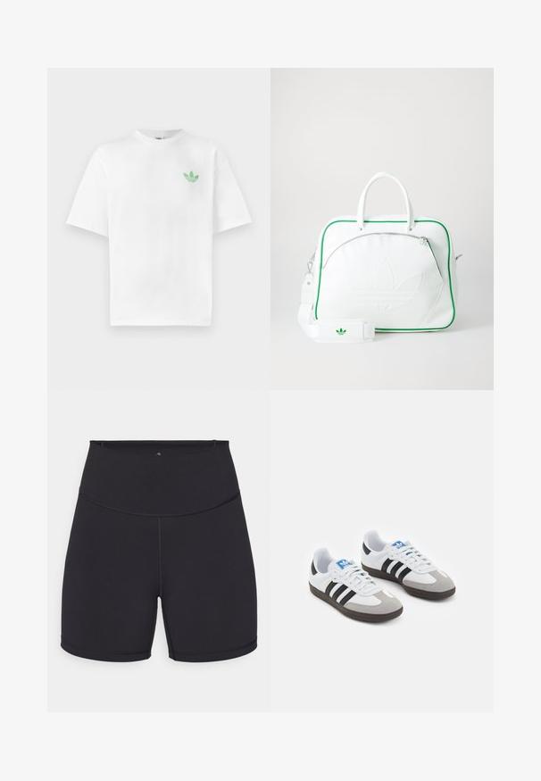 White cotton t-shirt featuring short sleeves and a crew neckline. Small green logo on the left side of the chest. Smooth texture.; Black athletic shorts made of stretchy fabric. Features a high waistband and smooth seams. Suitable for active wear and exercise.; Sport shoes with a white leather upper, gray suede toe, and three black stripes. Features a blue logo on the tongue and a textured rubber sole.; White leather bag with green trim, featuring a prominent embossed logo, dual handles, a detachable strap, and a zippered front pocket.