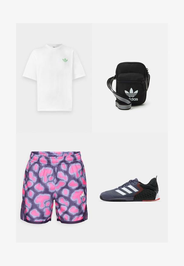 Hvit bomulls t-skjorte med korte ermer og rund hals. Liten grønn logo på venstre side av brystet. Glatt tekstur.; Lilla shorts med et rosa og lyseblå prikket mønster, elastisk midje, og sideåpninger for ventilasjon. Har en liten hvit logo detalj.; Lilla idrettssko med mesh-overdel, tre hvite striper, polstret krage, svarte og røde detaljer, teksturert såle og gummisåle.; Svart stoff crossbody veske med glidelås, med en hvit Adidas-logo og enstripet justerbar stropp for enkel bæring.