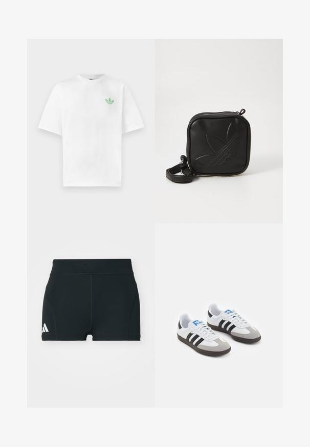 Bijela pamučna majica s kratkim rukavima i okruglim izrezom. Mali zeleni logo na lijevoj strani prsnog koša. Glatka tekstura.; Crne atletske kratke hlače od rastezljivog materijala, s visokim strukom, prilagođenim oblikom i bijelim Adidas logotipom sa lijeve strane.; Sportske cipele s gornjištem od bijele kože, sivi suedinasti nos i tri crne pruge. Imaju plavi logo na jeziku i teksturiranu gumenu podlogu.; Crna kvadratna torbica preko tijela napravljena od teksturiranog sintetičkog materijala. Ima urezani dizajn logotipa i podesivu traku. Zatvaranje na patentni zatvarač.