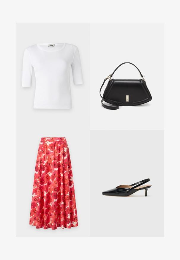 Balta įstrižinė marškinėliai su apvaliu iškirpimu ir alkūnių ilgio rankovėmis. Pagaminti iš minkštos medžiagos su lygiu paviršiumi. Žymas matomas iškirpimai.; Sijonas su elastinga juosmena, puoštas raudonų ir rožinių aguonų gėlių raštu ant baltos fono. Srauni A formos siluetas, lengvas audinys.; Juodas patentuotas odinis slingback batelis su smailiu nosimi, mažu kulniuku ir išpjovimais ant priekinės dalies. Auksinės spalvos detalės ant šono.; Juoda odinė rankinė su struktūrizuotu dizainu, turi trumpą formą, viršutinę rankeną ir auksinius akcentus. Pridėtas reguliuojamas peties diržas.