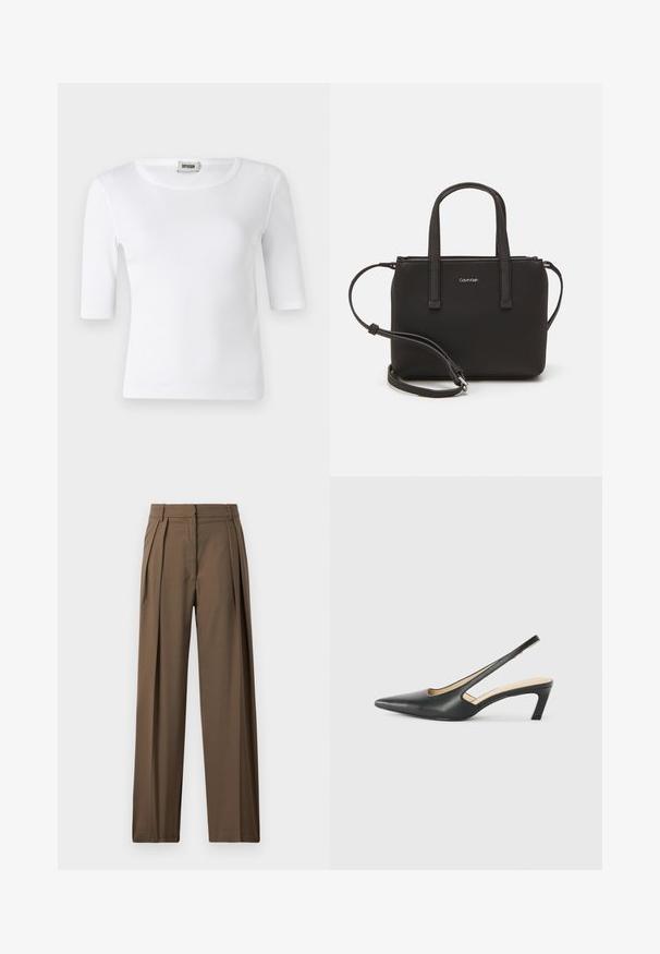 Witte geribde T-shirt met een ronde halslijn en ellebooglange mouwen. Gemaakt van zacht materiaal met een gladde textuur. Label zichtbaar bij de halslijn.; Bruine, wijde broek gemaakt van een gladde stof, met voorplooien en een gepolijst tailleband voor een gestructureerde uitstraling.; Zwarte puntige slingback schoen met een lage hak, gemaakt van soepel leer en voorzien van een uitsnede aan de zijkant voor ventilatie.; Zwarte handtas met dubbele korte handvatten en een afneembare schouderriem. Glad, leerachtig materiaal met een ritssluiting en logo-detail.