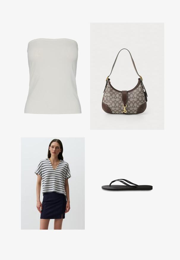 Pieces PCMADISON mleczny; Pasiasty sweter z dekoltem w kształcie V, z poziomymi niebiesko-kremowymi paskami. W połączeniu z niebieską spódnicą z bocznym rozcięciem.; Czarne klapki z teksturowaną gumową podeszwą, dwiema smukłymi paskami oraz subtelnym, wytłoczonym logo na pasku.; COACH - Torebka